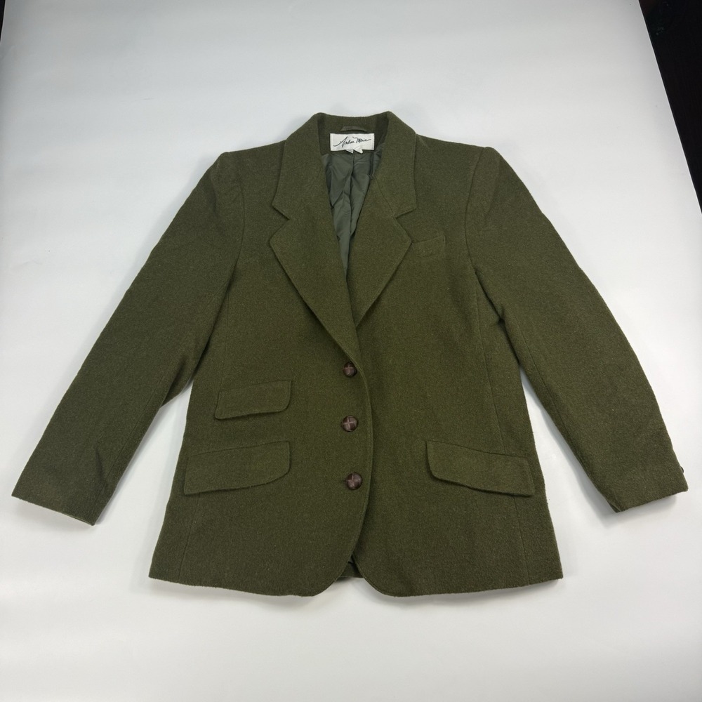 Vintage Andrea Marin Poland Wool Blazer Womens 10 Olive Green Tailored Jacket